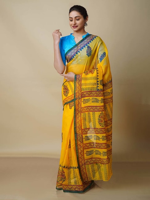 Unnati Silks Yellow Printed Saree With Blouse Price in India