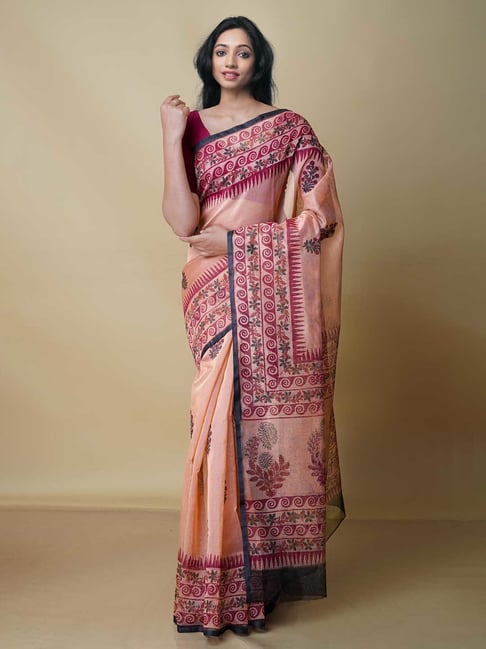 Unnati Silks Salmon Orange Printed Saree With Blouse Price in India