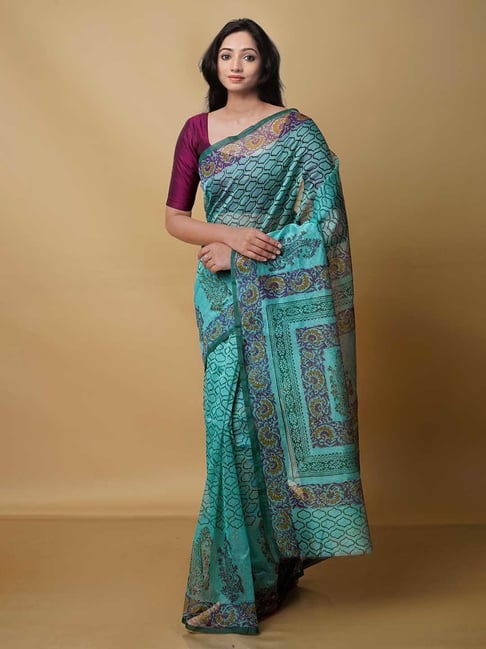 Unnati Silks Tiffany Blue Printed Saree With Blouse Price in India