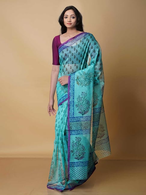 Unnati Silks Tiffany Blue Printed Saree With Blouse Price in India