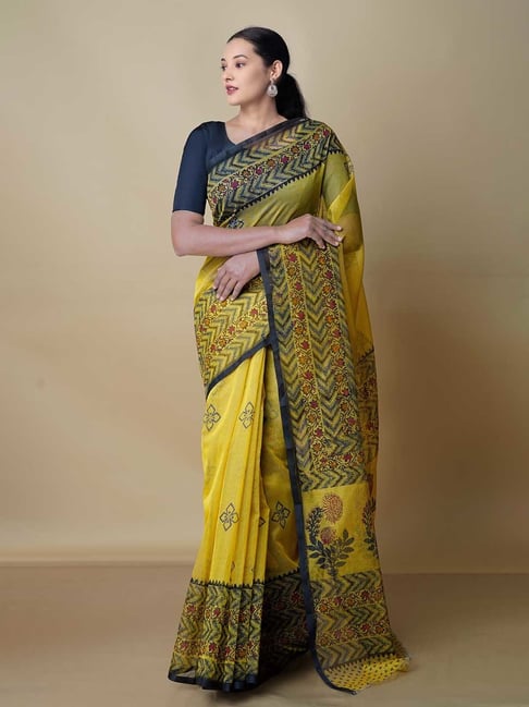 Unnati Silks Yellow Printed Saree With Blouse Price in India