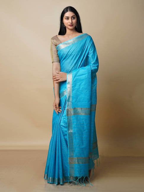 Unnati Silks Blue Woven Saree With Blouse Price in India