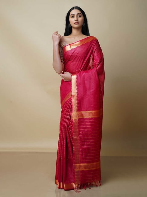 Unnati Silks Red Woven Saree With Blouse Price in India