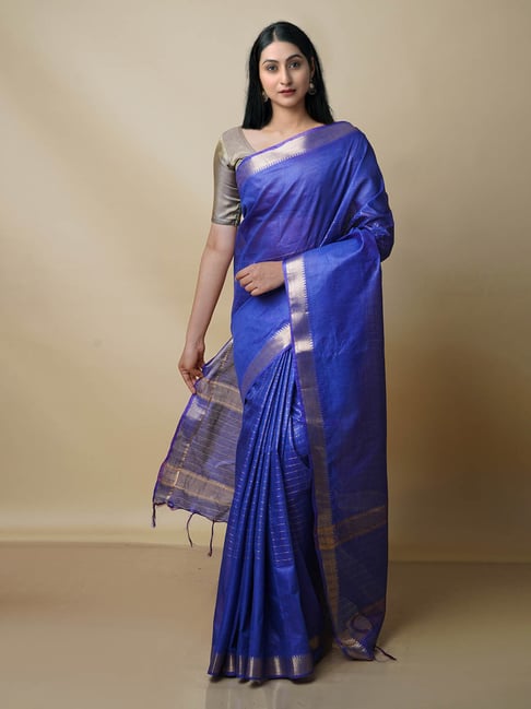 Unnati Silks Blue Woven Saree With Blouse Price in India