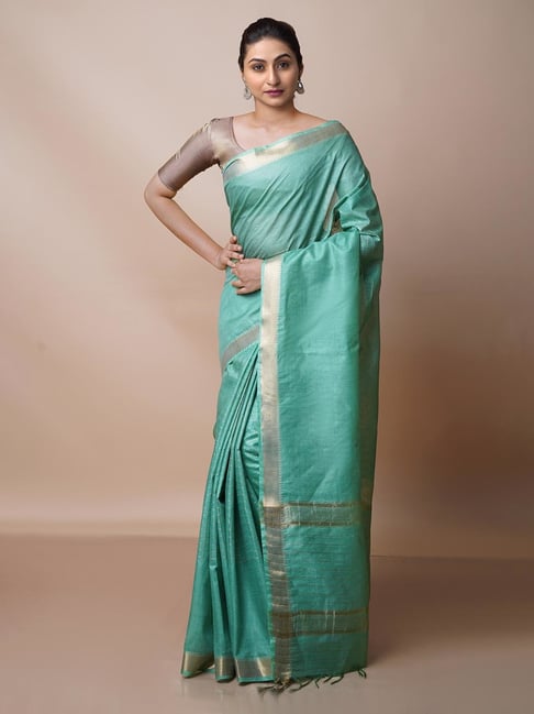 Unnati Silks Green Woven Saree With Blouse Price in India