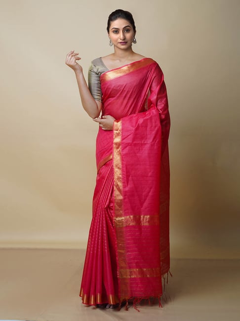 Unnati Silks Red Woven Saree With Blouse Price in India