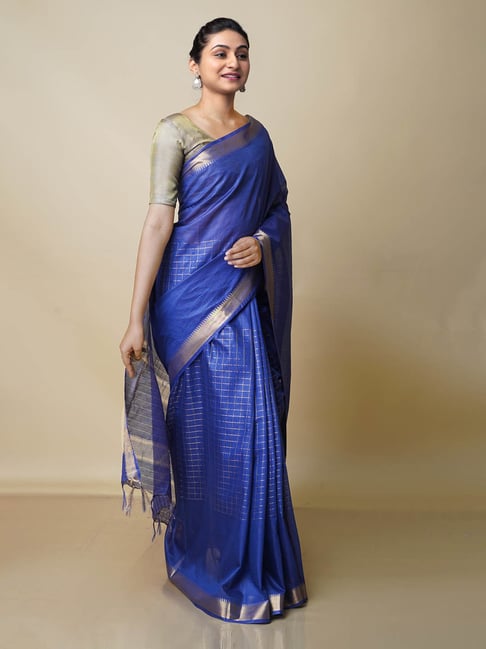 Unnati Silks Blue Woven Saree With Blouse Price in India