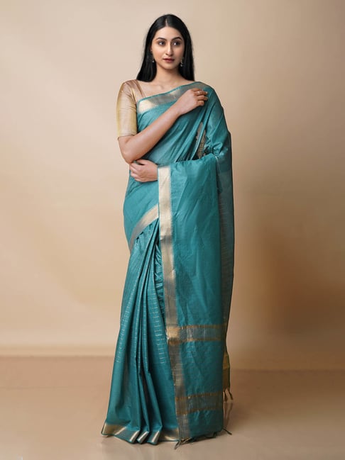 Unnati Silks Teal Green Woven Saree With Blouse Price in India