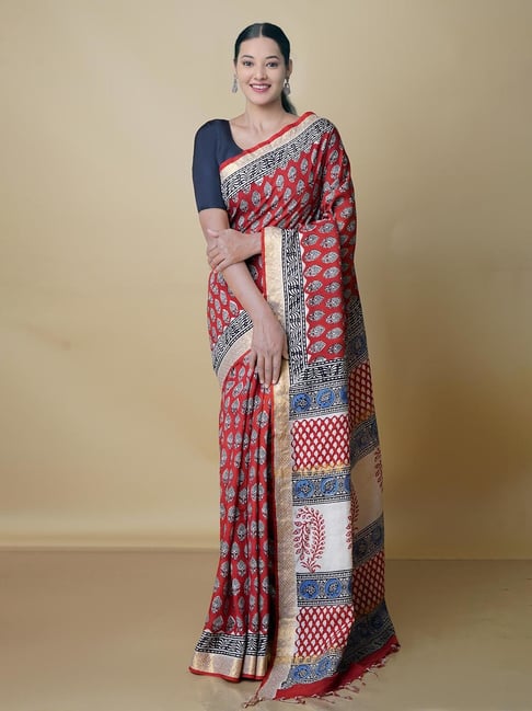 Unnati Silks Red Printed Saree With Blouse Price in India