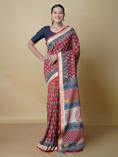 Unnati Silks Red Printed Saree With Blouse Price in India