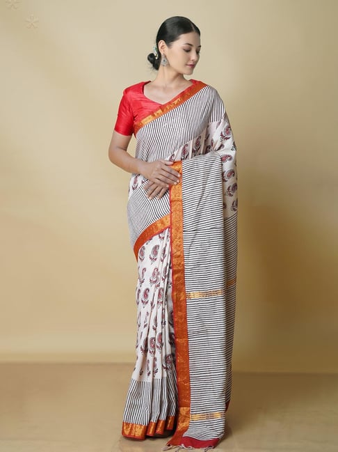 Unnati Silks White Printed Saree With Blouse Price in India