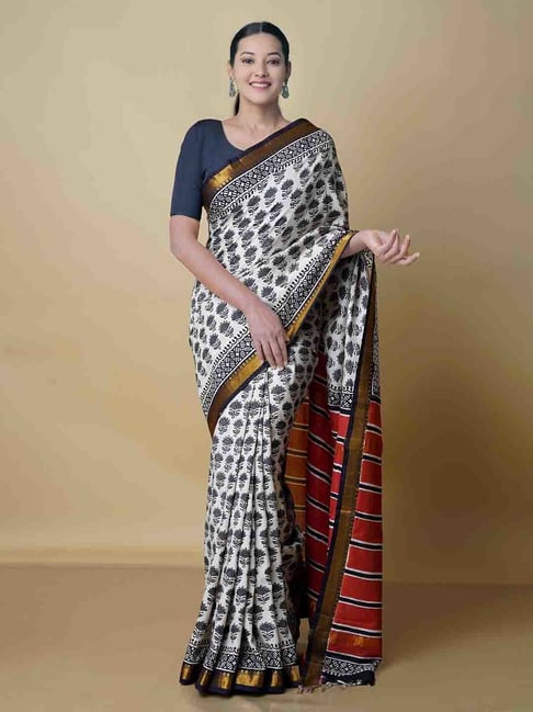 Unnati Silks White Printed Saree With Blouse Price in India