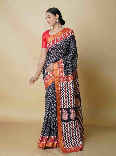 Unnati Silks Black Printed Saree With Blouse Price in India