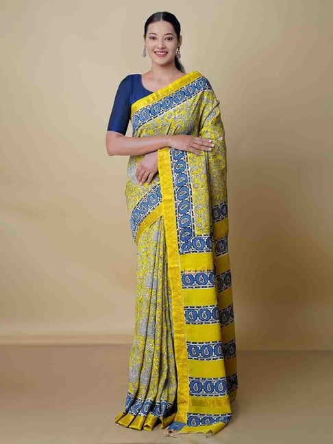 Unnati Silks Yellow Printed Saree With Blouse Price in India