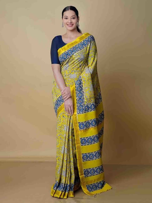 Unnati Silks Yellow Printed Saree With Blouse Price in India