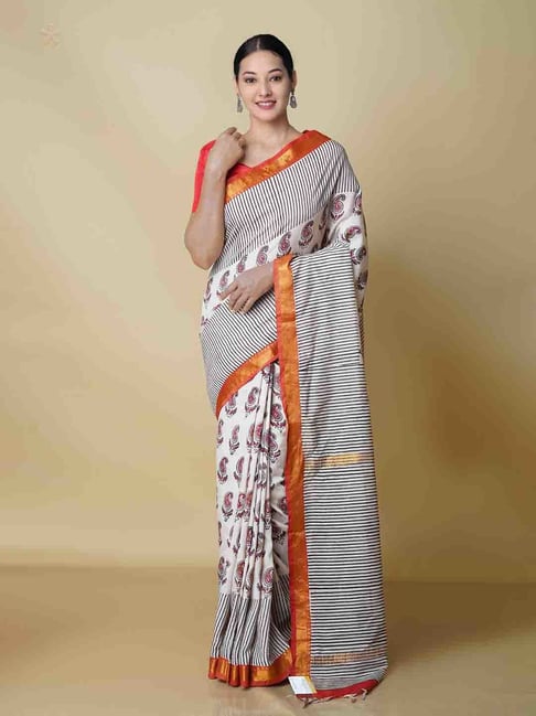 Unnati Silks Beige Printed Saree With Blouse Price in India