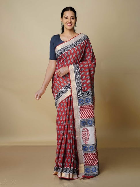 Unnati Silks Red Printed Saree With Blouse Price in India