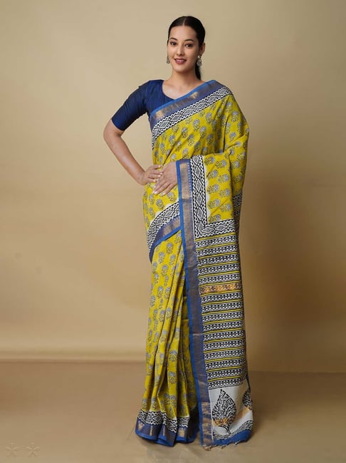 Unnati Silks Lime Yellow Printed Saree With Blouse Price in India