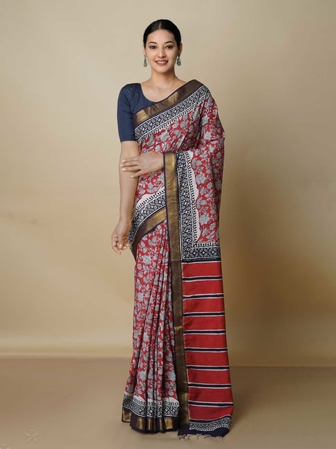 Unnati Silks Red Printed Saree With Blouse Price in India