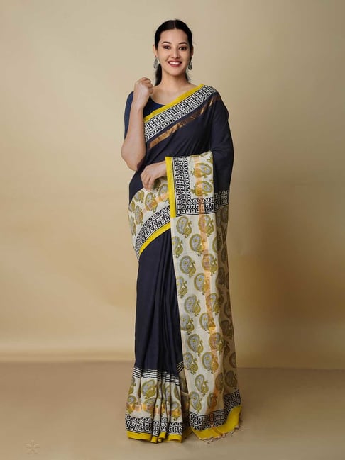 Unnati Silks Black Printed Saree With Blouse Price in India