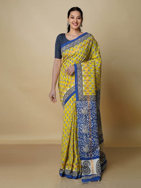 Unnati Silks Yellow Printed Saree With Blouse Price in India