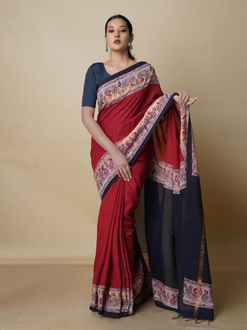 Unnati Silks Red Printed Saree With Blouse Price in India