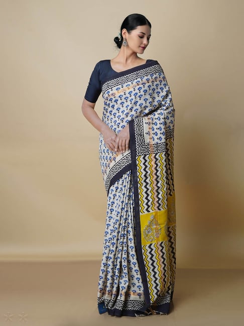 Unnati Silks Beige Printed Saree With Blouse Price in India