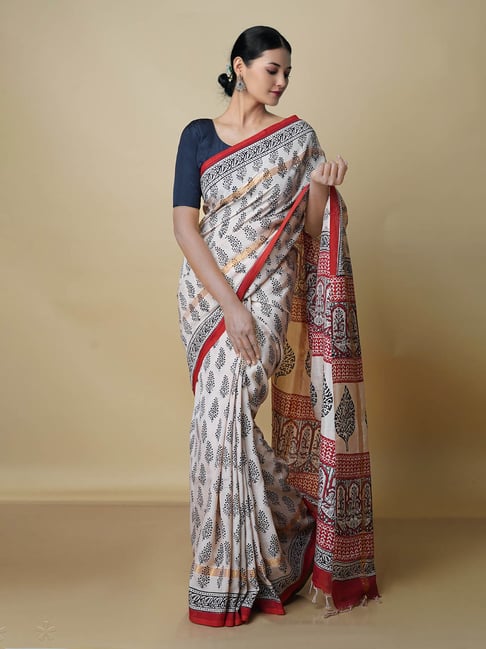 Unnati Silks Beige Printed Saree With Blouse Price in India