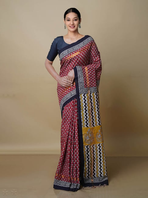 Unnati Silks Burgundy Printed Saree With Blouse Price in India