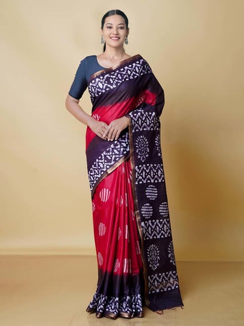 Unnati Silks Red & Purple Printed Saree With Blouse Price in India