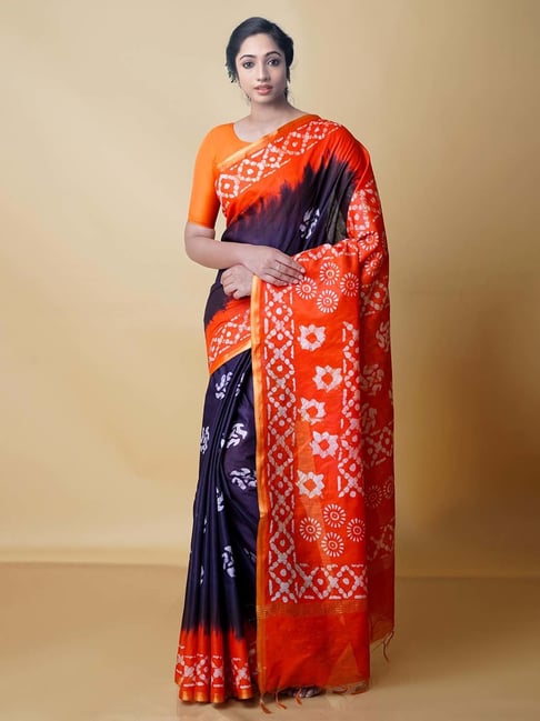 Unnati Silks Black & Orange Printed Saree With Blouse Price in India