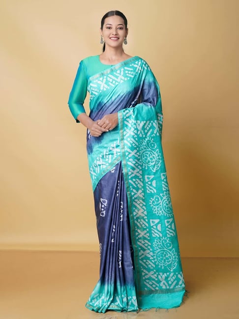 Unnati Silks Green & Blue Printed Saree With Blouse Price in India