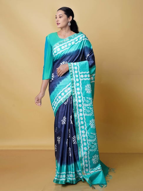 Unnati Silks Green & Blue Printed Saree With Blouse Price in India
