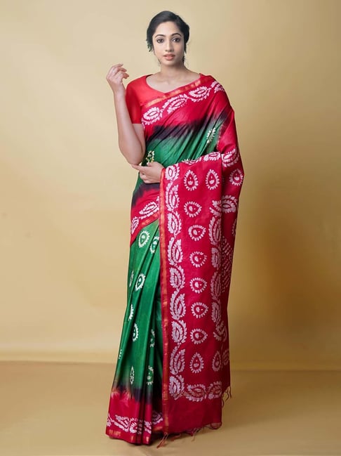 Unnati Silks Red & Green Printed Saree With Blouse Price in India