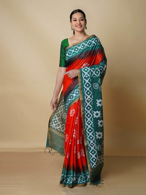 Unnati Silks Red & Green Printed Saree With Blouse Price in India