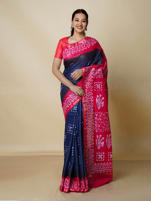 Unnati Silks Navy & Pink Printed Saree With Blouse Price in India