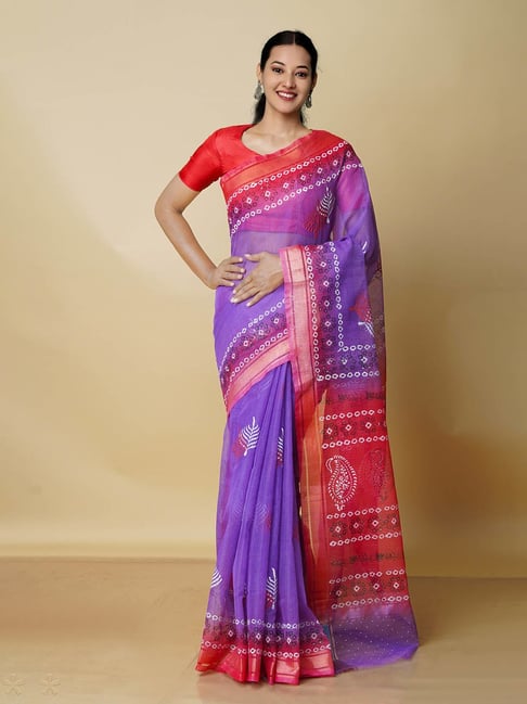 Unnati Silks Purple Printed Saree With Blouse Price in India