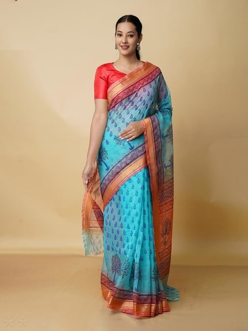 Unnati Silks Blue Printed Saree With Blouse Price in India