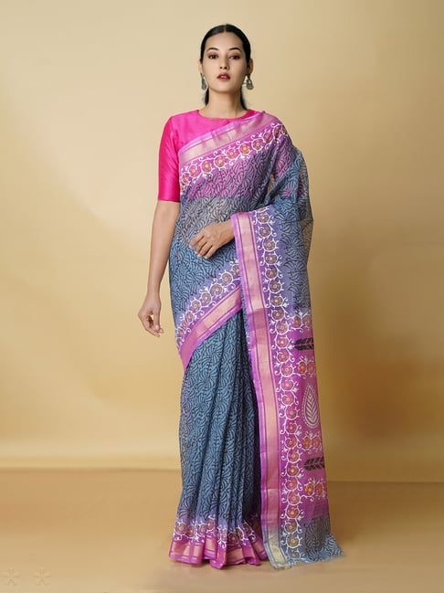 Unnati Silks Grey Printed Saree With Blouse Price in India