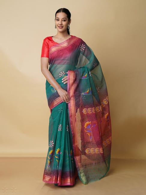 Unnati Silks Green Printed Saree With Blouse Price in India