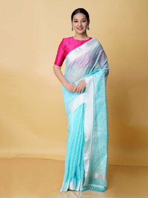 Unnati Silks Blue Embroidered Saree With Blouse Price in India