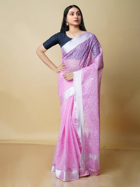 Unnati Silks Baby Pink Embroidered Saree With Blouse Price in India