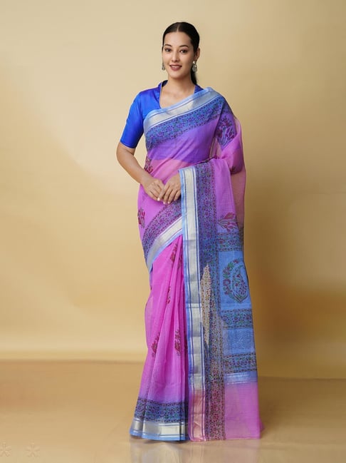 Unnati Silks Pink Printed Saree With Blouse Price in India