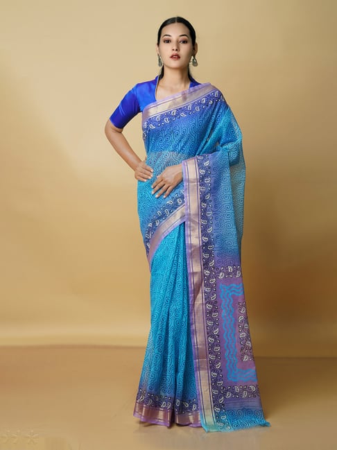 Unnati Silks Blue Printed Saree With Blouse Price in India