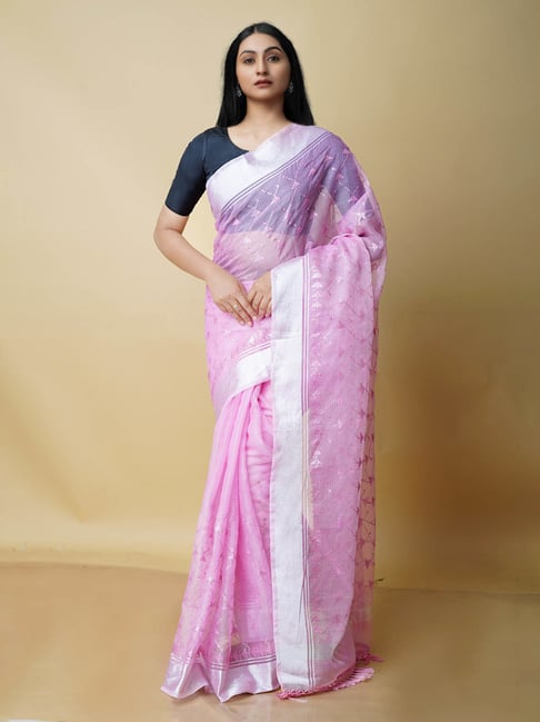 Unnati Silks Pink Embroidered Saree With Blouse Price in India