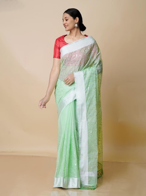 Unnati Silks Green Embroidered Saree With Blouse Price in India
