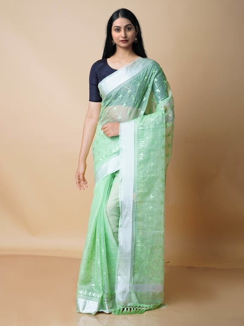 Unnati Silks Green Embroidered Saree With Blouse Price in India
