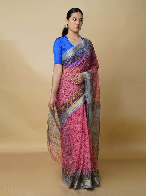 Unnati Silks Pink Printed Saree With Blouse Price in India