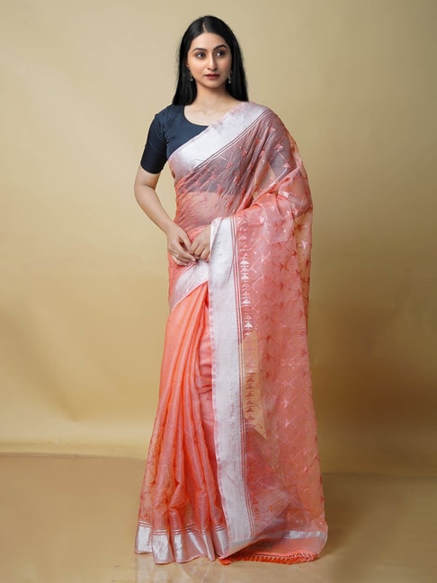 Unnati Silks Peach Embroidered Saree With Blouse Price in India