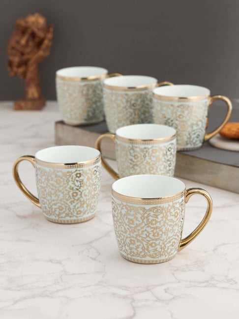 Clay Craft Green & Golden Ceramic Cups (0.18 L) - Set of 6